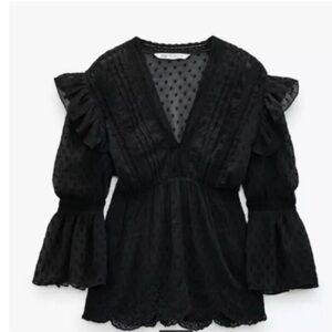 Zara Women’s Swiss Dot Ruffle Black Blouse Elegant Black Size Medium